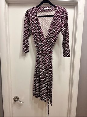 Diane Von Furstenberg Burgundy and White Geometric Wrap Dress